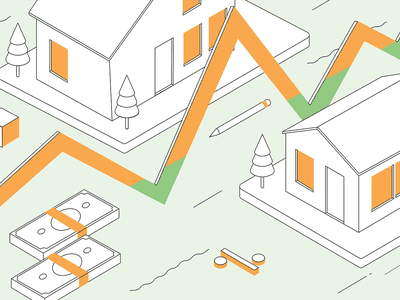 白色，绿色和橙色的房屋插图，美元账单和线条图