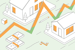 白色、绿色和橙色的房子、美元和线形图的插图