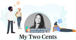 克里斯汀·迈尔斯的头像在人物插图之间，在文字上方＂My Two Cents