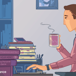 图片显示，一名男子坐在办公桌前喝着咖啡，旁边放着一摞书。这些书叫做
