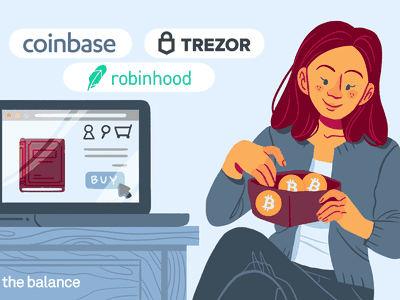 图片显示一个女人把比特币放在她的钱包里。她旁边是她正在购买的计算机；表明她正在与比特币在线购物。计算机上方是Coinbase，Trezor和Robinhood的徽标