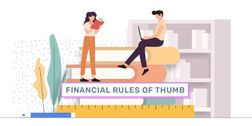 图片显示两个人在一堆书的上面，拿着尺子和铅笔。这句话＂financial rules of thumb