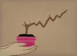 拿着罐的人的手的例证含有生长在投资图的形式植物的植物。