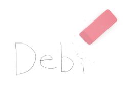 擦除用铅笔写的债务一词的橡皮擦“width=