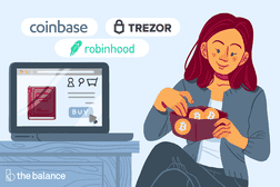 图象显示了把bitcoins放在她的钱包里的女人。在她旁边是她正在购买的电脑;表明她是用比特币在线购物。在计算机上方是Coinbase，Trezor和Robinhood的标志
