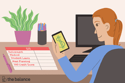 图为一个女孩坐在电脑前，她的手机打开了一个美元符号;她面前有一张预算表。ManBetX万博体育app