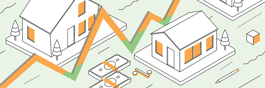 白色，绿色和橙色的房子，美元钞票和线形图